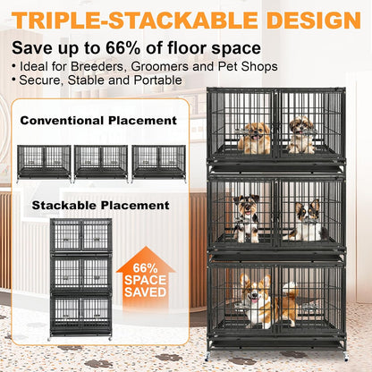 Homey Pet 43 Inch Heavy Duty Dog Crate Cage Kennel for Medium Dogs with Three Door, Divider, Removable Grid & Tray, 4 x Lockable Wheels, 2 x Bowls, Stackable Drop Cages for Breeders, Groomers
