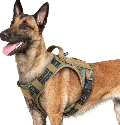 rabbitgoo Dog Harness for Large Dogs No Pull, Tactical Service Pet Vest with Molle and Control Handle, Adjustable and Reflective Military Harness for Easy Walking and Training, Brown camo, L