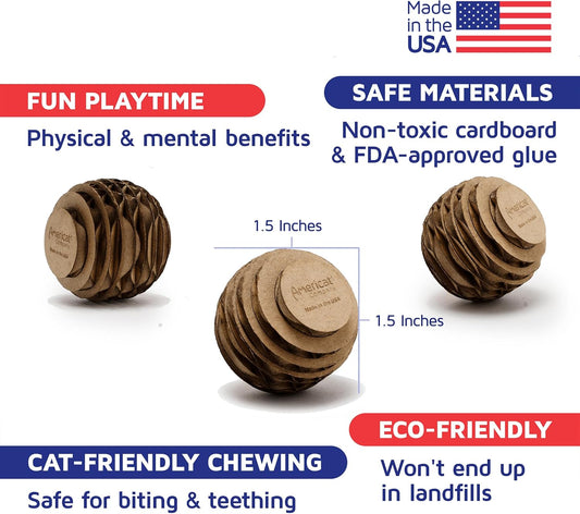 Cat Ball Toys by Americat â Made in USA â Safe Cardboard Cat Toys â for Interactive and Independent Play, Exercise & Stress Relief for All Breeds & Ages (Pack of 3 Round Balls)