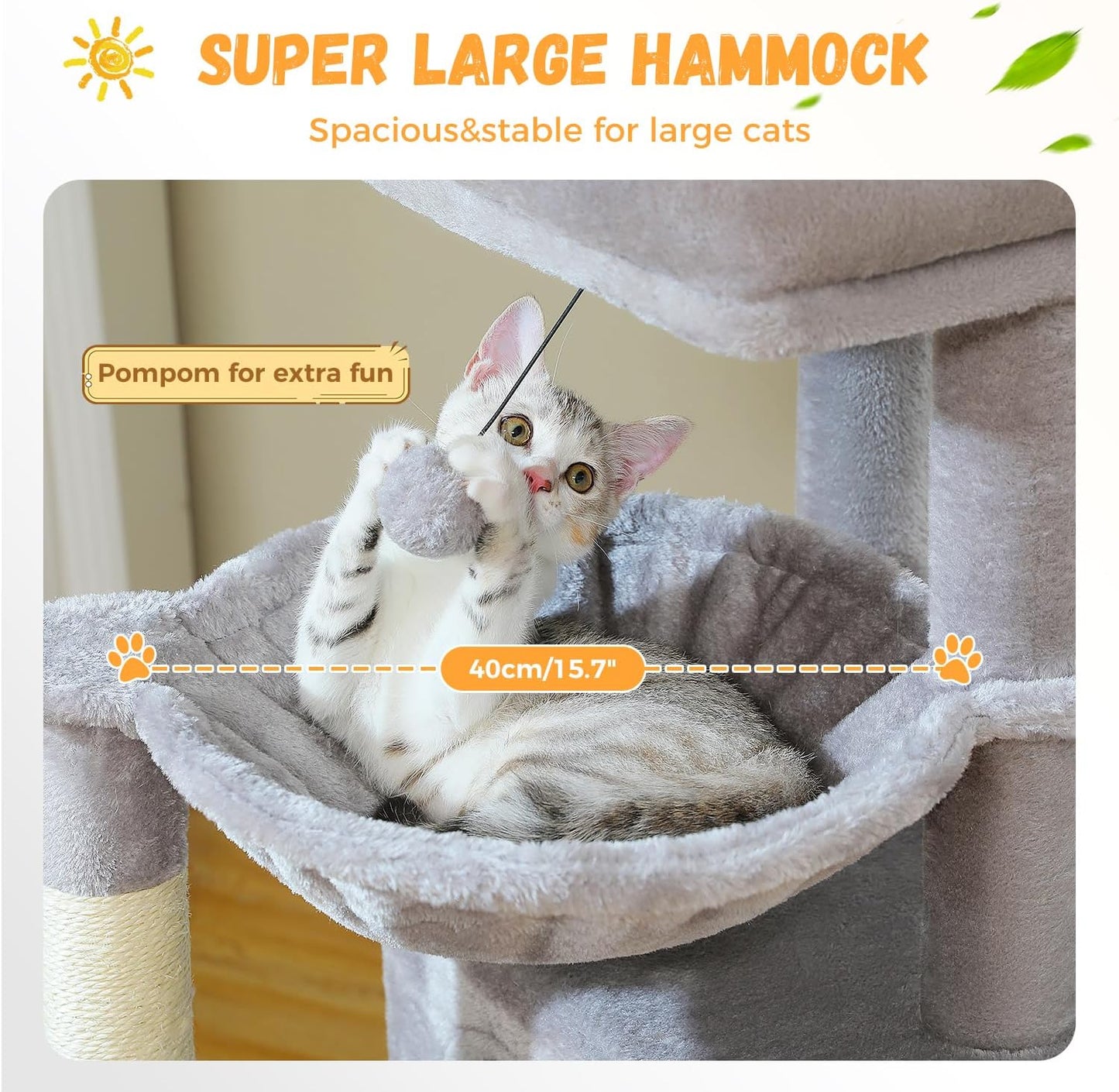 PAWZ Road Large Cat Tree, 41 Inches Multi-Level Cat Tower with 2 Spacious Condos for Indoor Cats, Large Cat House with Comfy Hammock, Padded Perch, Scratching Pad and Replaceable Balls-Gray