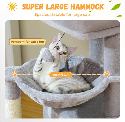PAWZ Road Large Cat Tree, 41 Inches Multi-Level Cat Tower with 2 Spacious Condos for Indoor Cats, Large Cat House with Comfy Hammock, Padded Perch, Scratching Pad and Replaceable Balls-Gray