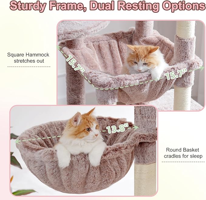 Heybly Cat Tree, 76-Inch Tall Heavy Duty Cat Tower for Big Cats with Extra Wide Baseboard, Multi-Level Large Cat Furniture with 2 Condos & 2 Hammocks, 10 Scratching Posts, Muchroom HCT039MU