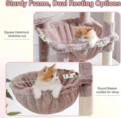 Heybly Cat Tree, 76-Inch Tall Heavy Duty Cat Tower for Big Cats with Extra Wide Baseboard, Multi-Level Large Cat Furniture with 2 Condos & 2 Hammocks, 10 Scratching Posts, Muchroom HCT039MU