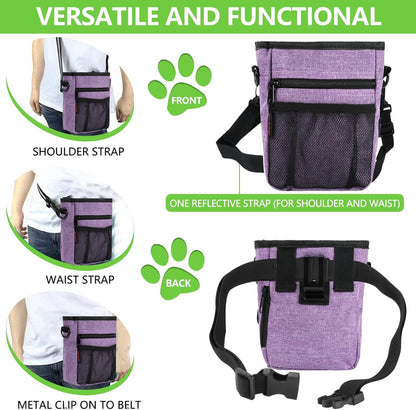 Dog Treat Pouches for Pet Training with Magnetic Closure Treat Pouches for Pet Training,Large Dog Treat Training Pouch and Dog Clicker,Training Treat Pouch Built-In Poop Bag Dispenser-Purple.