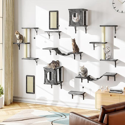 10-in-1 Cat Wall Shelves, Wooden Cat Climbing Wall with Scratching Post, Cat Wall Mounted Furniture for Climbers, Space-Saving Cat Wall for Play & Rest, Drywall & Solid Walls