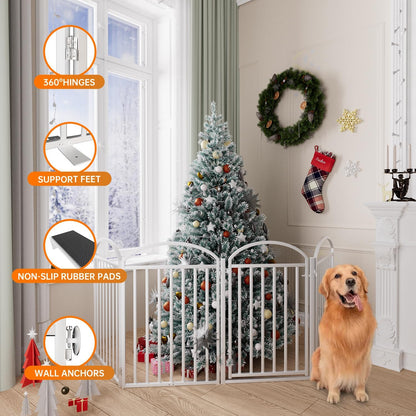 4 Panles Full Matel Freestanding Dog Gates with Door, 96"Extra Wide 32"Tall Free Standing Dog Pet Gate for Indoor & Outdoor. Foldable Pet Fences for Doorways, House, Stairs, Porch, Deck, Yard