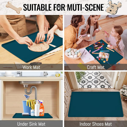MateeyLife Dog & Cat Food Mat, Waterproof & Nonslip Silicone Feeding Mats for Dogs and Cats, Raised Edge Tray for Messy Drinkers, 24"x16", Navy