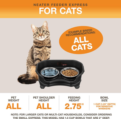 Neater Feeder Express Mess Proof Cat Bowls Elevated, No Spill Feeding Station, Stainless Steel Dishes for Food and Water, Raised Bowls for Indoor Cats, No Fatigue Whisker Friendly Dish, Black
