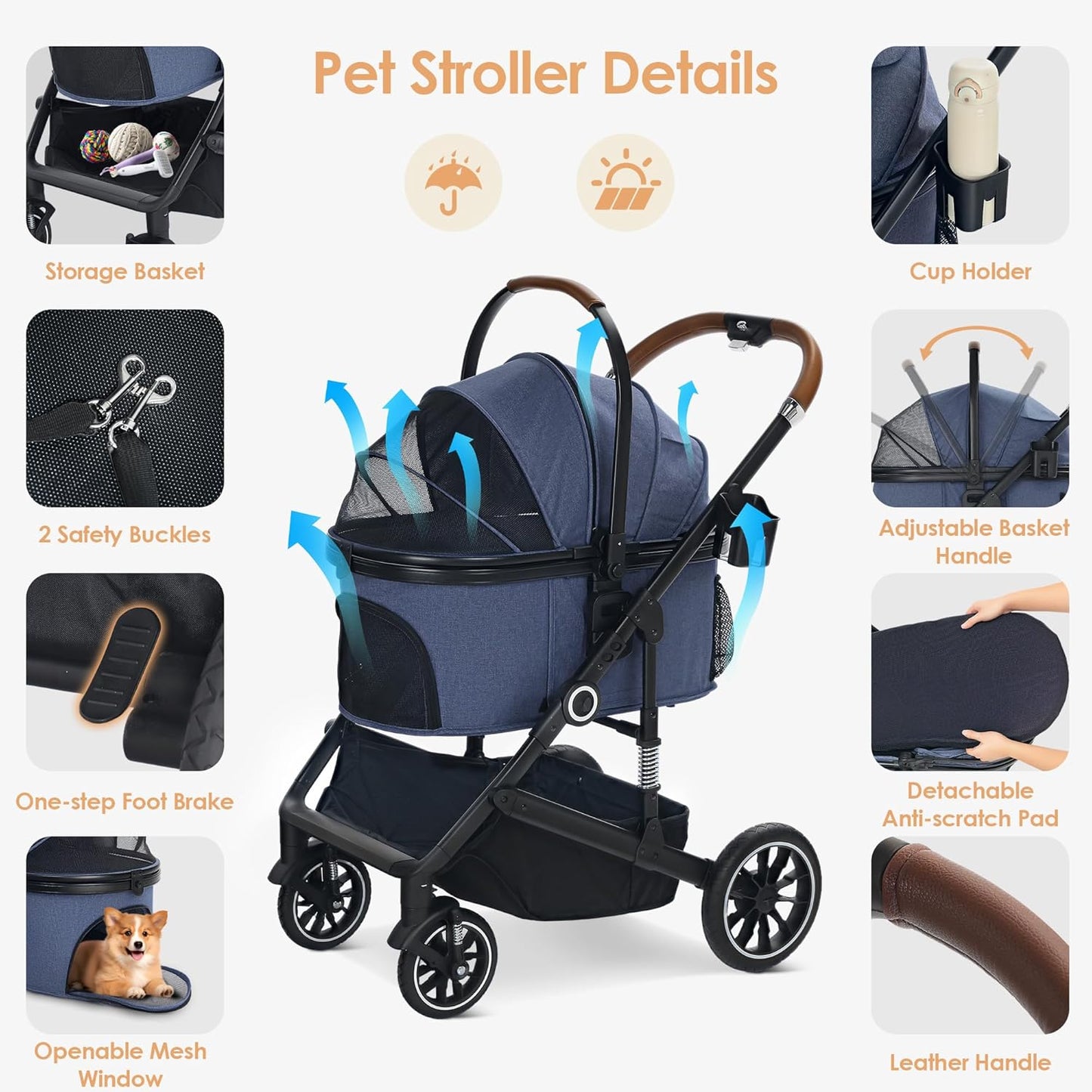Pet Stroller with 4 Wheels, 3 in 1 Folding Puppy Strollers for Small/Medium Dogs Cats up to 50lbs, Lightweight Pet Travel Carrier with Detachable Cushion, Storage Basket and Cup Holder, Blue - Pawvie