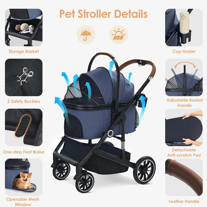 Pet Stroller with 4 Wheels, 3 in 1 Folding Puppy Strollers for Small/Medium Dogs Cats up to 50lbs, Lightweight Pet Travel Carrier with Detachable Cushion, Storage Basket and Cup Holder, Blue - Pawvie