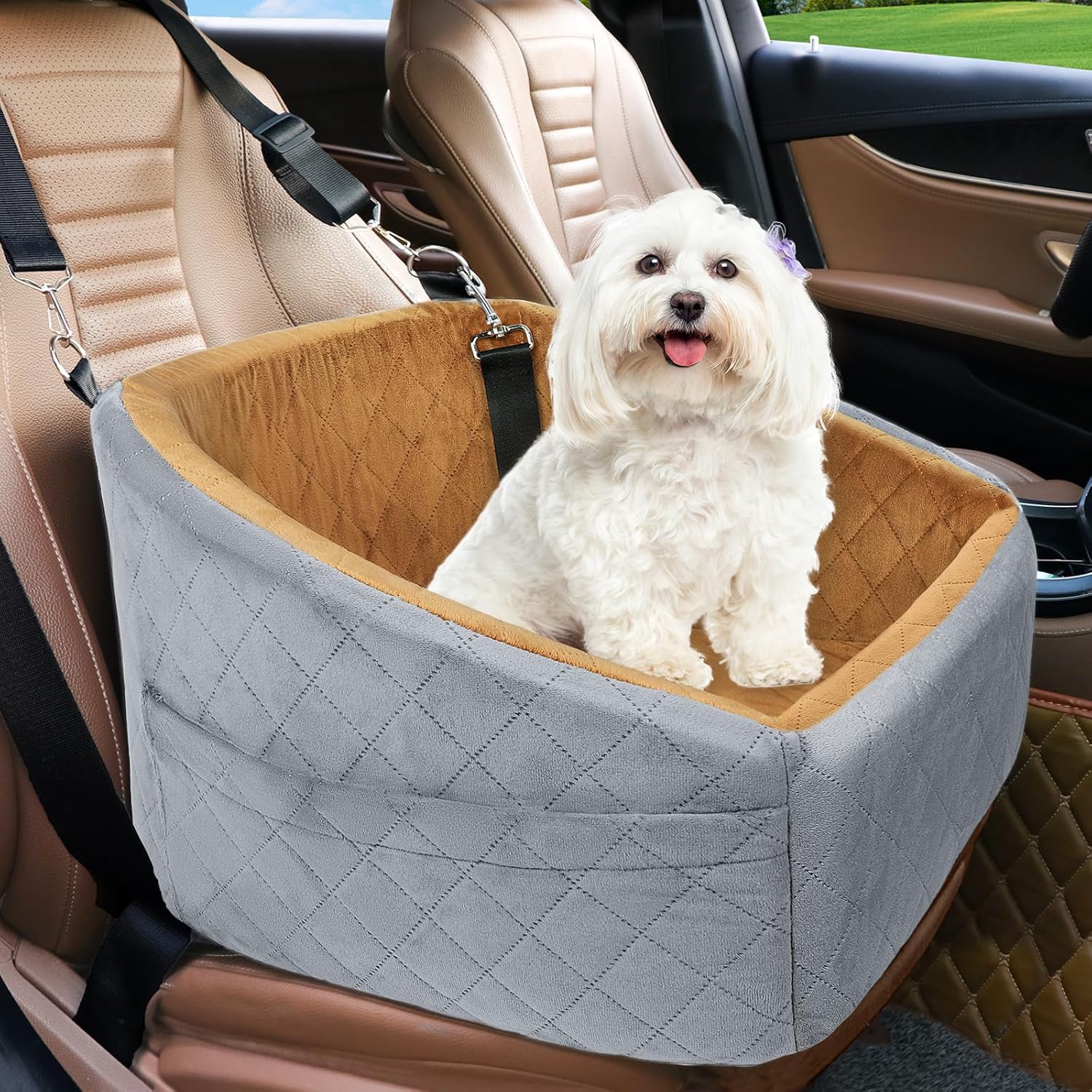 Dog Car Seat for Small Medium Dogs,Detachable Washable Dog Booster Seat Under 30lbs, Pet Car Seat Travel Bed with Storage Pockets and Dog Safety Belt(Grey/Brown) - Pawvie