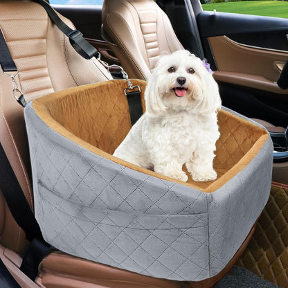 Dog Car Seat for Small Medium Dogs,Detachable Washable Dog Booster Seat Under 30lbs, Pet Car Seat Travel Bed with Storage Pockets and Dog Safety Belt(Grey/Brown) - Pawvie