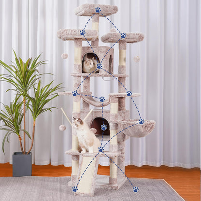Hey-brother Cat Tree, 71 inches XL Large Cat Tower for Indoor Cats, Multi-Level Cat House with 3 Padded Perches, Big Scratcher, Cozy Basket, 2 Cat Condos and Scratching Posts, Muchroom MPJ034MU