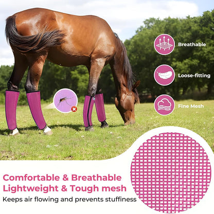 Mesh Horse Fly Boots Set of 4，Adjustable and Universal Loose Fitting & Non-Slip Horse Fly Leggings for Horses,Reduce Stressful Stomping (Pink)
