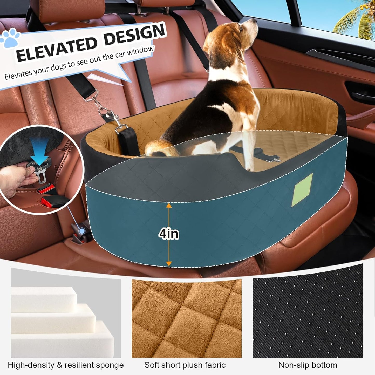 Dog Car Seat for Medium & Large Dogs up to 55 lbs, Elevated Booster Seat with Anti-Slip Base, Detachable & Machine-Washable Pet Car Bed for SUV/Sedan (Black/Brown)