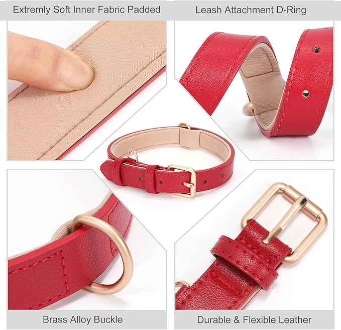 Airtag Leather Dog Collar for Small Medium Large Dog Adjustable Soft Padded Air Tag Puppy Collar Heavy Duty Metal Buckle Collar with Anti-Lost Airtag Holder Protective Case,S,Red
