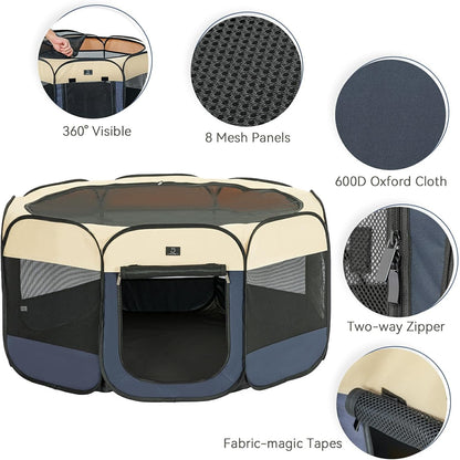 A 4 Pet Portable Dog Playpen, 49” Playpen for Dogs with Bowl, Suitable for Puppies, Kittens, and Small Animals, Removable Zipper & Mesh Panel(19”W × 12”H)