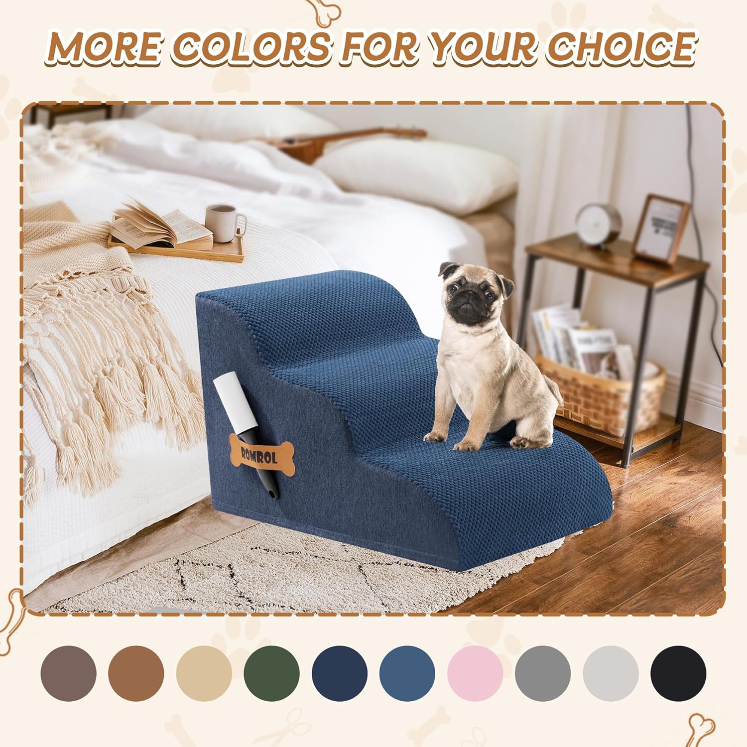Romrol Dog Stairs Ramp for High Beds Couches, High Density Foam Pet Steps with Durable Non-Slip Waterproof Fabric Cover, Dog Stairs for Small Dogs or Cats or Pets, 3-Step,15 Inch,Dusty Blue - Pawvie