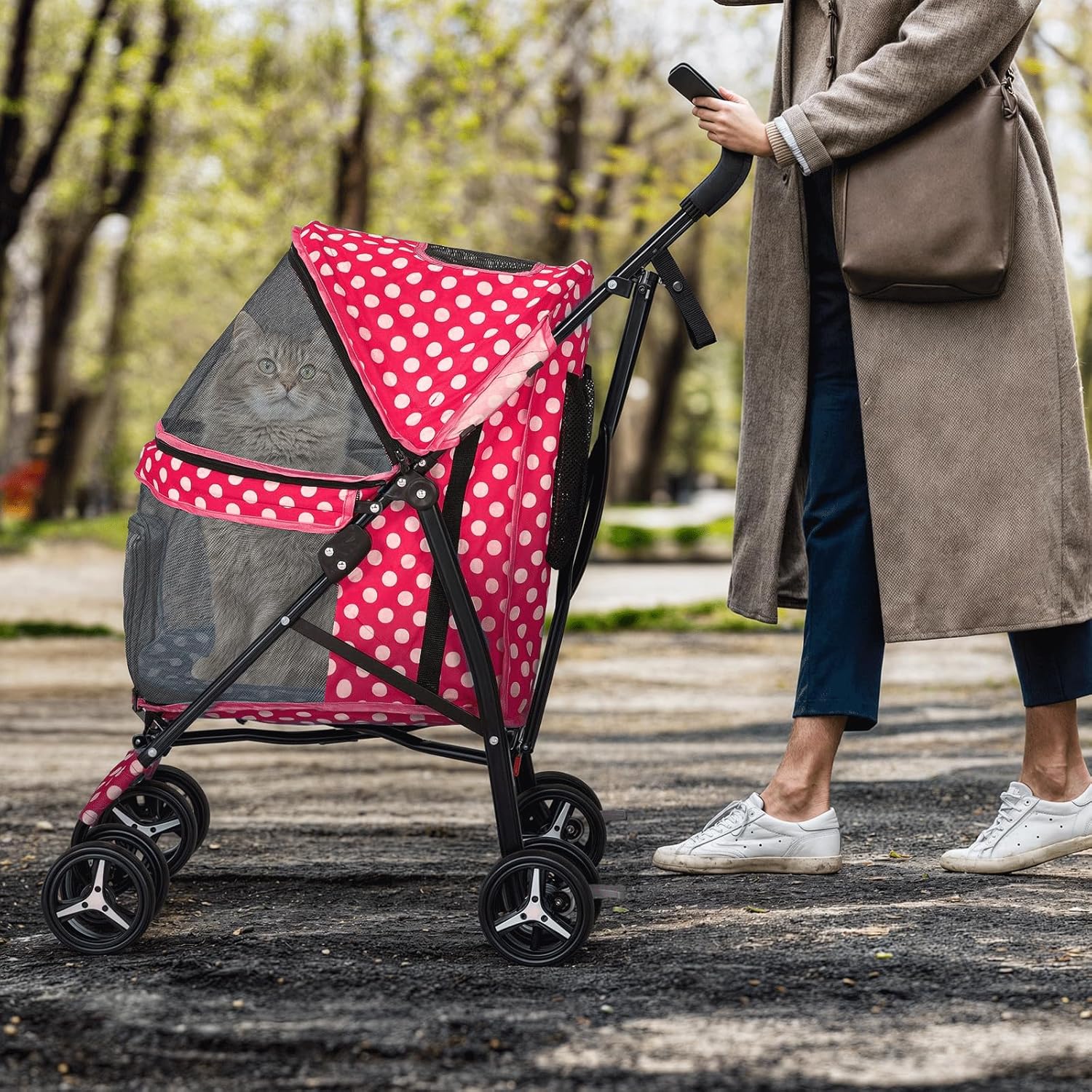MoNiBloom 4 Wheels Pet Stroller, Easy-Fold Umbrella Shaped Dog Cat Jogger Stroller w/Storage Bag & Visible Mesh for Small/Medium Dogs Cats Hot Pink Polka Dots - Pawvie