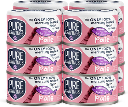 Salmon and Sardine Pate, Canned Wet Cat Food, 100% Mercury-Tested, Moist Can Fish, Grain-Free Protein, Non-GMO, 12 Pack