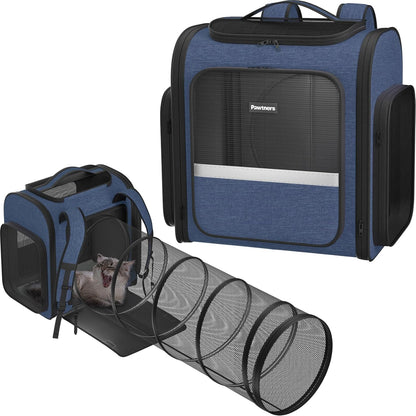 Pawtners Cat Carrier Backpacks Expandable Pet Backpack with Breathable Mesh, Pet Carrier Backpack for Cats Small Dogs Puppies Up to 18 Lbs, Dog Carrier Backpack for Travel Hiking Camping Outdoor Blue - Pawvie