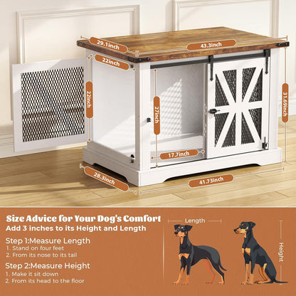 VOPEAK 43.3" XL Dog Crate Furniture, Chew Resistant Dog Crate for Medium Large Dogs, Heavy Duty Extra Large Dog Crate Dog Kennel Indoor with Double Doors, Wooden End Table for Living Room, White