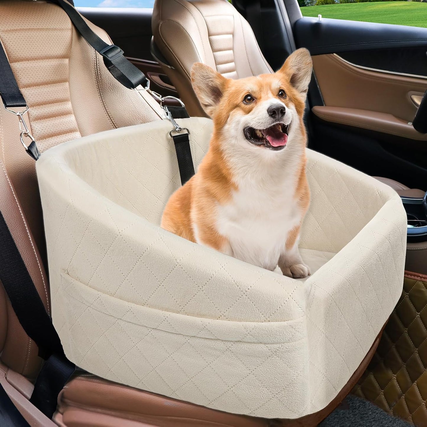 Dog Car Seat for Small Medium Dogs,Detachable Washable Dog Booster Seat Under 30lbs, Pet Car Seat Travel Bed with Storage Pockets and Dog Safety Belt (White) - Pawvie
