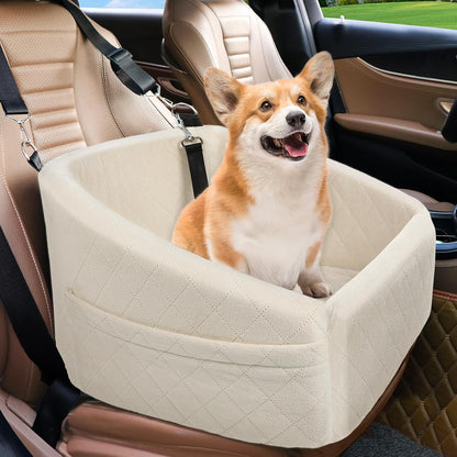 Dog Car Seat for Small Medium Dogs,Detachable Washable Dog Booster Seat Under 30lbs, Pet Car Seat Travel Bed with Storage Pockets and Dog Safety Belt (White) - Pawvie