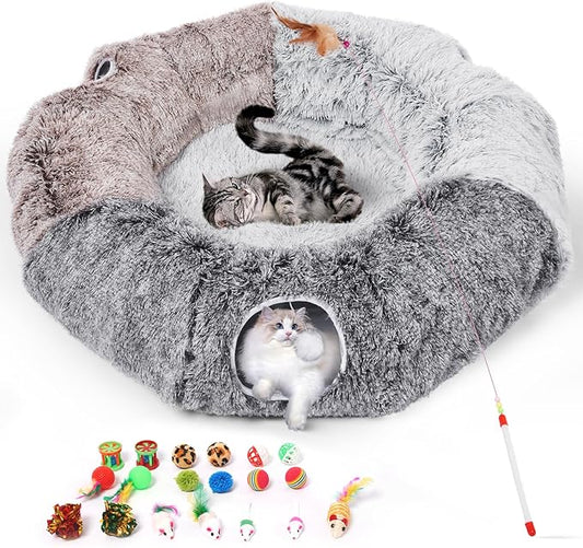 Odoland Large Cats Tunnels for Indoor Cats Fluffy Warm Cat Bed and Detachable Cave Tunnels with 20 Pet Toys, Donut Tunnel and Variety Kitten Toy Set for Chewing Playing