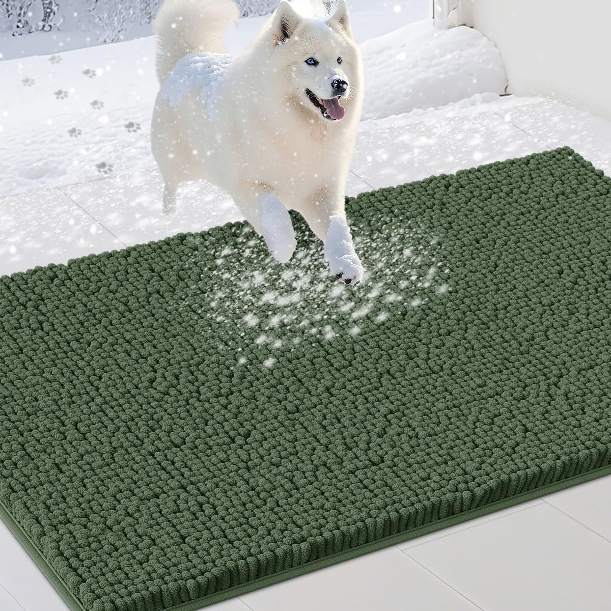 Extra Large Dog Door Mats for Muddy Paws, Chenille Absorbent Dog Mats, Non Slip Heavy Mud Mat for Dogs, Soft Pet Mat for Entryway, Mud Paws, Inside Floor,60" x 36", Olive