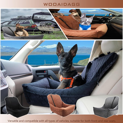 Dog Car Seat for Small Dogs,Covered Soft Fabric and Fill in Memory Foam,Easy to Assemble and Fully Detachable,2 Clip-On Safety Leashes and Storage Pockets(Brown)