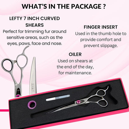 Kenchii Love Left Handed Dog Grooming Scissors, 7 Inch Curved Shears, Dog Scissors for Grooming, Professional Pet Grooming Scissors, Ergonomic & Comfortable