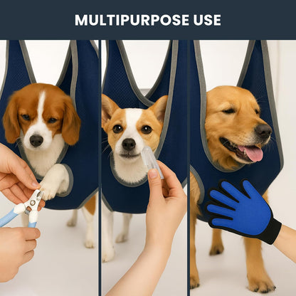 Pet Grooming Hammock Kit for Dogs & Cats, Includes Hammock Harness, Nail Clippers, Nail File, Grooming Glove, Dematting Comb, S-Hooks, Carabiners & Storage Bag for Easy Home Grooming Medium (86×52) cm