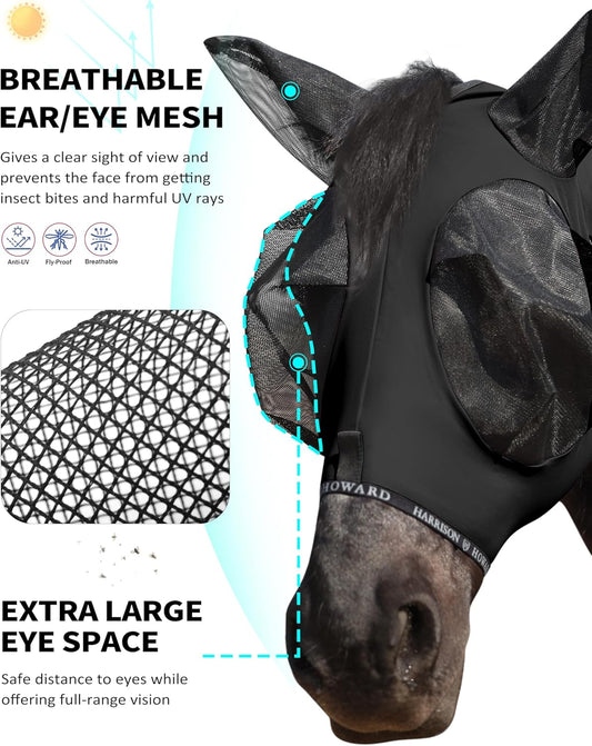 Harrison Howard Horse Fly Mask with Forelock Opening Stretch Breathable and Comfortable for Horses UV -Protection Black L