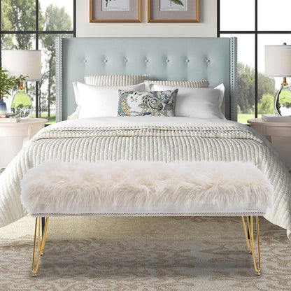46 Inch White Bedroom Bench, Benches for Bedroom White Faux Fur Upholstered Bed end Bench, Tufting Ottoman Bench Indoor Bench with Metal Legs for Living Room Bedroom Entryway, White