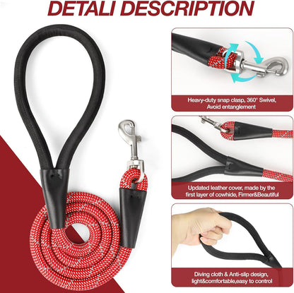 Red 4FT Dog Leash for Large Dogs Night Walking Reflective Heavy Duty Chew-Resistant Nylon Leash with Padded Handle and 360° Swivel Clip Strong for Medium to Large Breeds