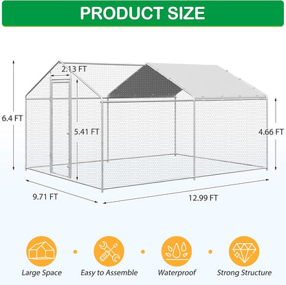 Large Metal Chicken Coop, Walk-in Chicken Run Pen with Waterproof Cover, Spire Roof Poultry Cage Run for Outdoors, Backyard, Farm(9.7'Wx12.99'Lx6.4'H)