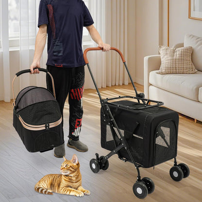 Foldable Pet Stroller for Small & Medium Dogs, Double Dog & Cat Stroller with 3-in-1 Travel System, Detachable Pet Carrier with Wheels for Cats and Dogs up to 77 lbs, Black - Pawvie