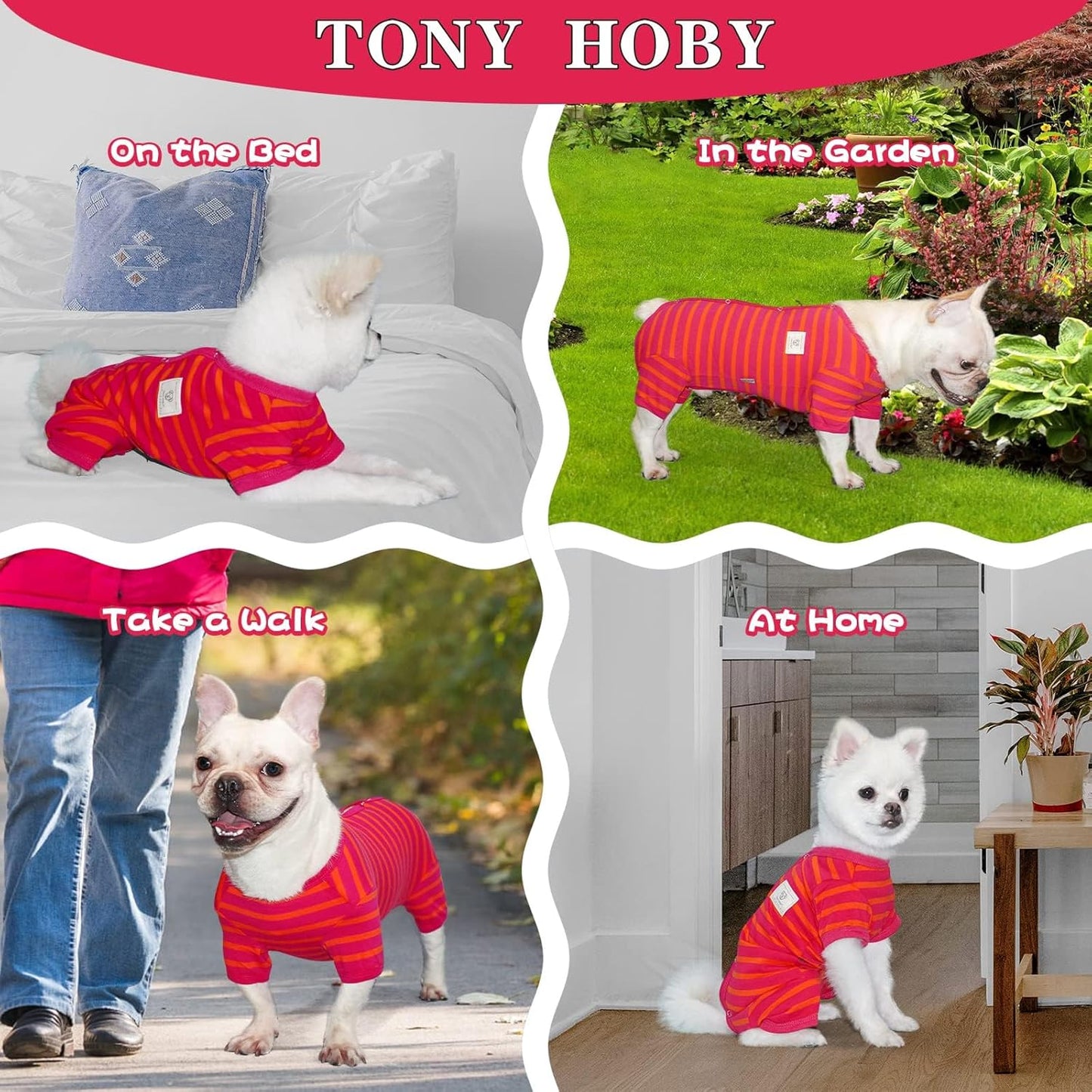 TONY HOBY Female/Male Dog Pajamas, Dog Jumpsuit 4 Legged Pajamas with Stripes, Soft Cotton for Comfortable Sleep (Rose Red&Orange, Boy, M)