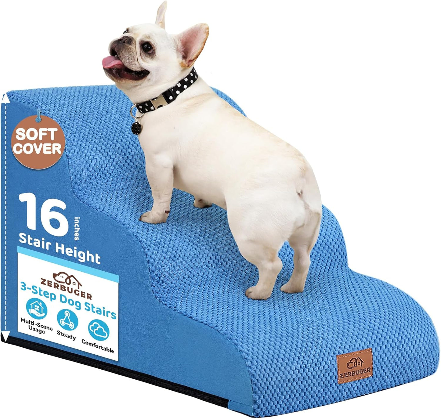 Dog Ramp and Stair for Bed 16" H-20 H,3-Step Cat Stair for Sofa and Chair,4-Step Dog Ramp for High Bed and Window,Durable Nonslip Fabric Cover for Indoor (Blue-16“H, Pet Friendly, 3) - Pawvie