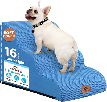 Dog Ramp and Stair for Bed 16" H-20 H,3-Step Cat Stair for Sofa and Chair,4-Step Dog Ramp for High Bed and Window,Durable Nonslip Fabric Cover for Indoor (Blue-16“H, Pet Friendly, 3) - Pawvie