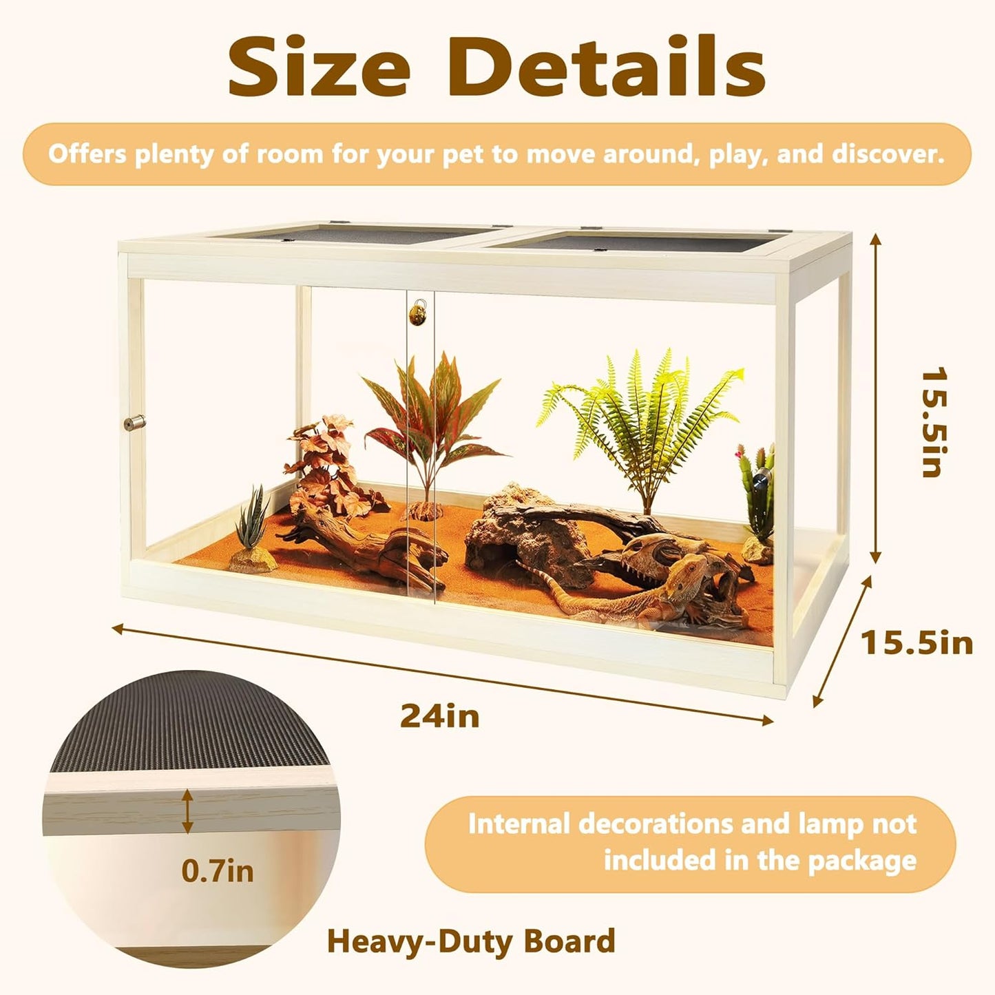 Prolee Reptile Terrarium Tank Up to 78 Gallon, Lizard Tank Bearded Dragon Tank with Metal Mesh Roof Door, Snake Tank with Lock Design (Oak, 27 Gallon Volume, 24 Inch Length)