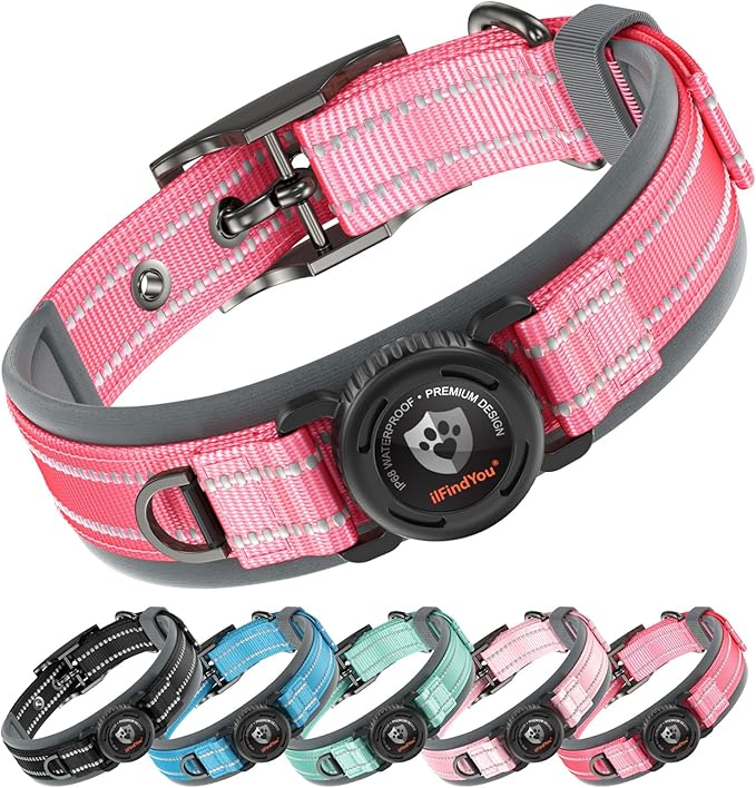 Upgraded AirTag Dog Collar with Holder, Waterproof Reflective Air Tag Dog Collar with Widened Comfortable Padding & Ultra-Durable Metal Buckle, Adjustable for Medium (Rose Red, Small)