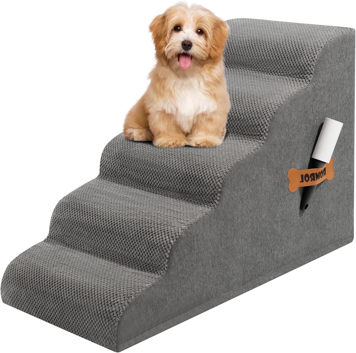 Romrol Dog Stairs Ramp for Small Dogs, Pet Stairs Steps with Durable Non-Slip Waterproof Fabric Cover, Dog Slope Stairs to Bed for Small Dogs and Cats or Pets Joints, 5-Steps, Grey - Pawvie