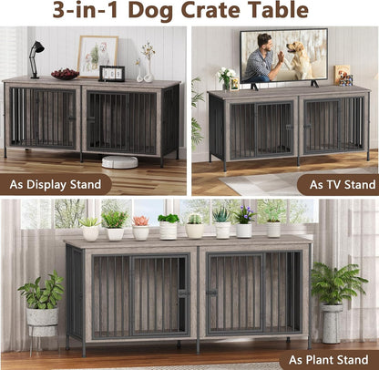 EasyCom 78 Inch Dog Cage Furniture for 2 Pets with Divider, XXL Wooden Double Dog Crate Furniture TV Stand for Mideum and Large Breed, Durable and Sturdy