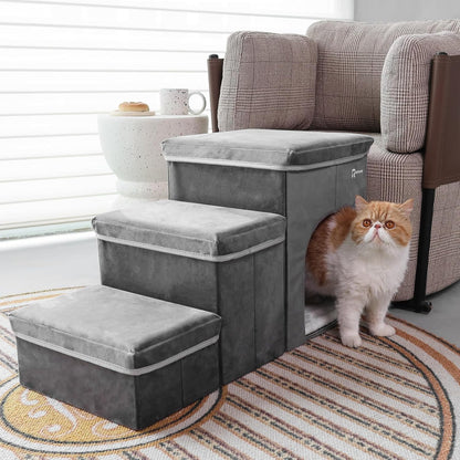 Foldable Pet Stairs for Beds & Sofas - Non-Slip Dog Steps with Storage for Small to Medium Dogs & Cats, Supports up to 120 lbs - Durable 2 & 3-Step Doggie Ladder for Easy Access - Pawvie