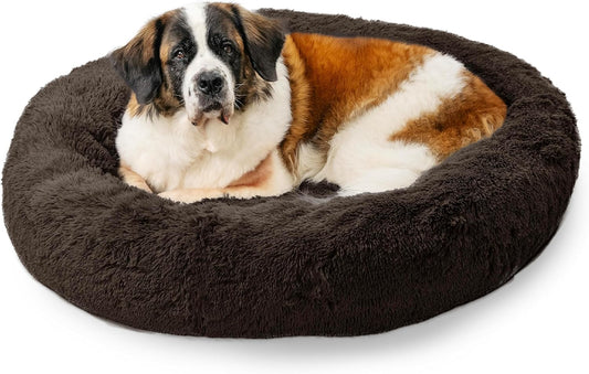 Best Friends by Sheri Original Calming Donut Dog and Cat Bed, Shag Faux Fur, Dark Brown, XL (45in x 45in) - Anxiety Relief for Pets Up to 150 lbs