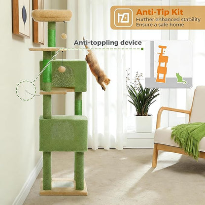 62" Cactus Cat Tree for Large Cats, Multi-Level Cat Tower with 2 Plush Condos, Soft Bed, Scratching Posts & Pad, Padded Perch & 2 Hanging Pompoms for Indoor Cats, Green