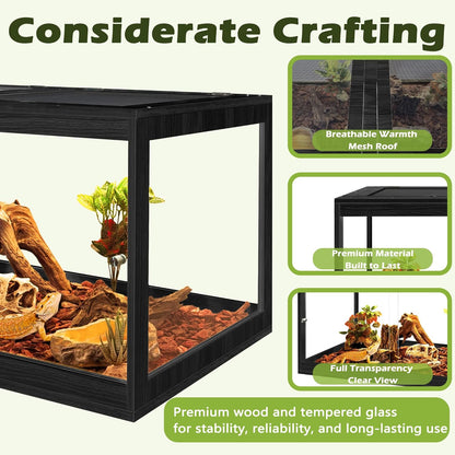 Prolee Tempered Glass Bearded Dragon Tank,Reptile Encloure and Snake Tank with Metal Mesh Roof Door,Locking Design Reptile Tank for Lizard,Gecko,Chameleon (Black, 63 Gallon (40x20x20 Inch))
