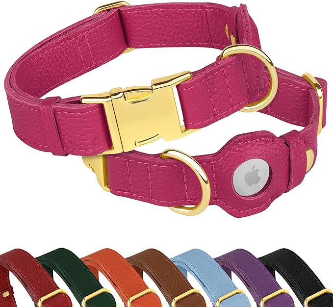 Leather Airtag Dog Collar - Soft Tracking Dog Collar with Apple AirTag Holder and Metal Buckle - Safety GPS Pet Collars for Small Medium Large Dogs Puppy Pink Red (Pink, XL, 20"-25" Neck Fit)
